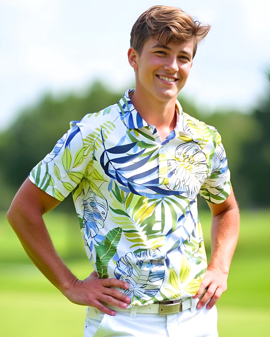 Teenager wearing a colorful patterned golf shirt on a golf course