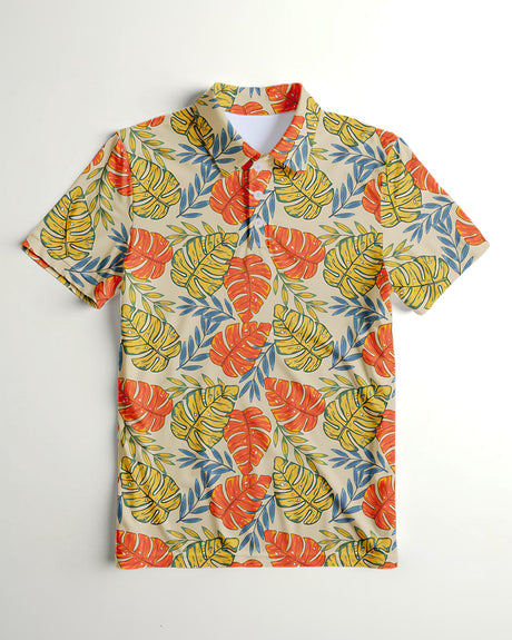 Short-sleeve shirt with colorful leaf pattern on a white background