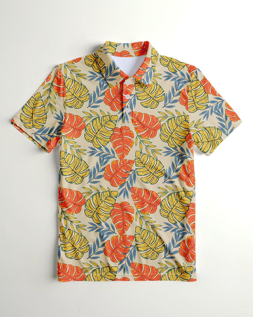 Short-sleeve shirt with colorful leaf pattern on a white background