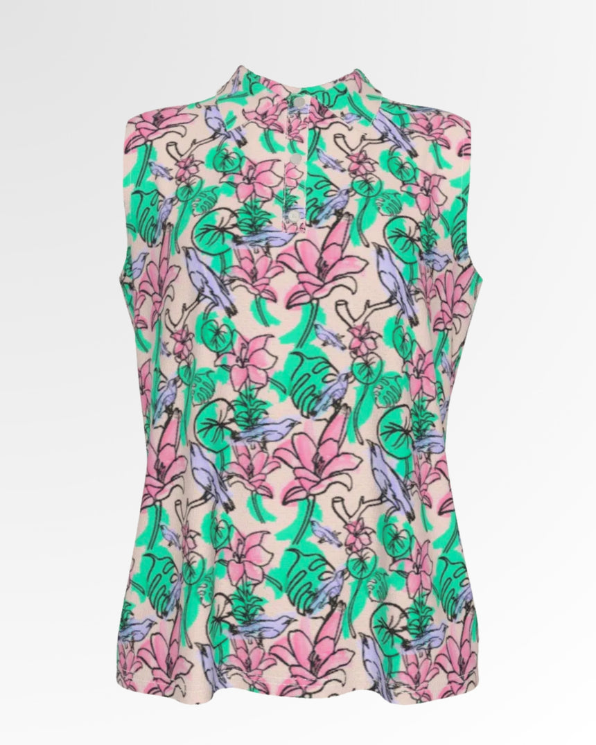 Sleeveless golf polo with a floral and bird pattern.