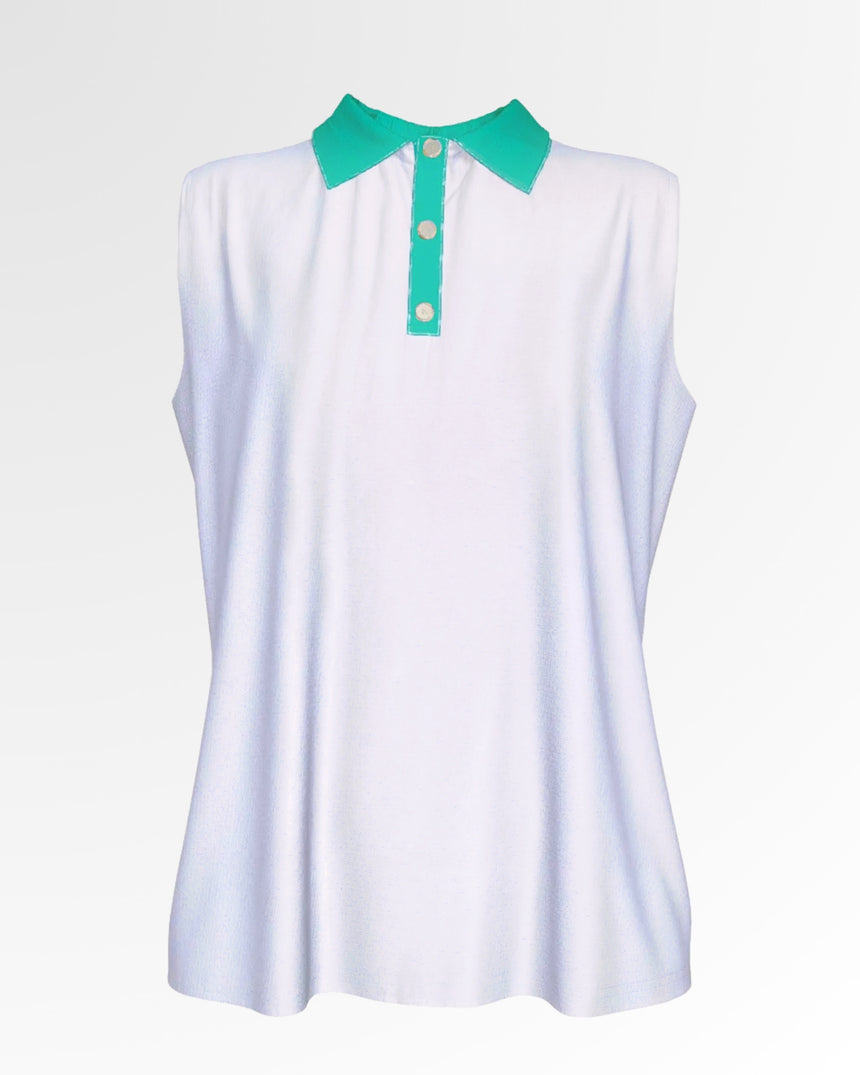 A sleeveless white golf polo with a green collar and three white buttons.