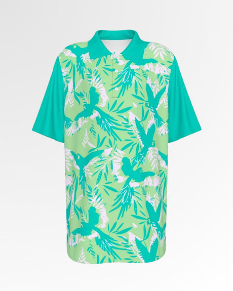 Golf polo shirt with a green tropical bird and leaf pattern on the body and solid green sleeves.