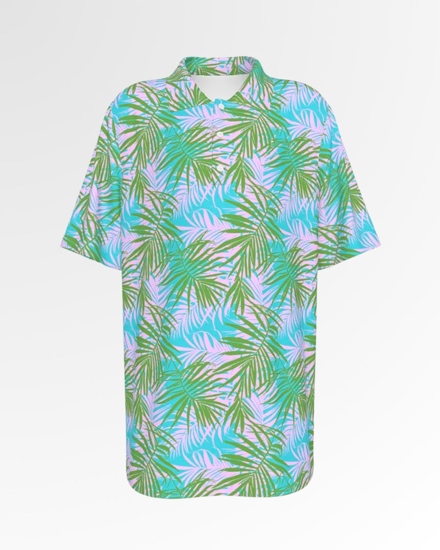 Golf polo shirt with a tropical palm leaf pattern in green, pink, and blue.