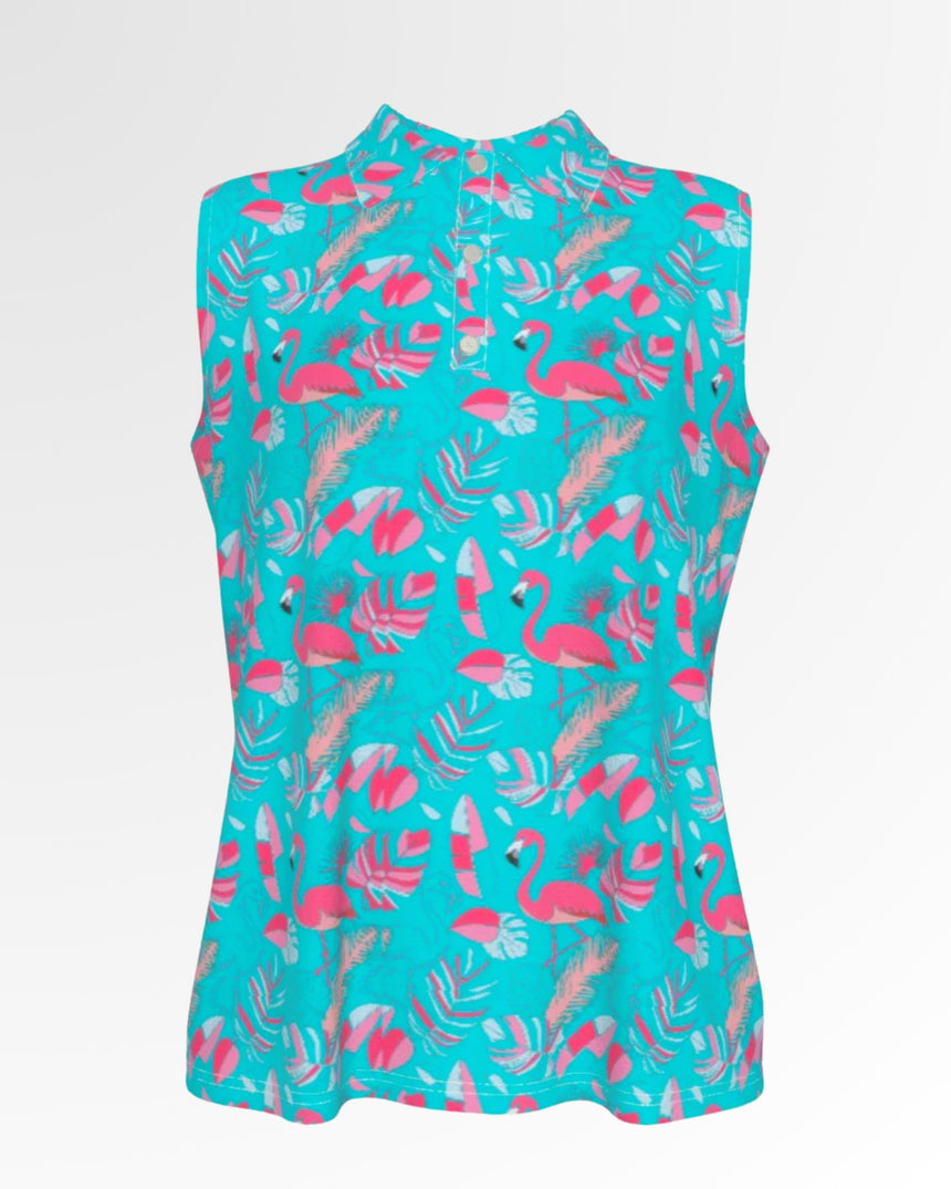 Sleeveless golf polo shirt in a turquoise flamingo print.