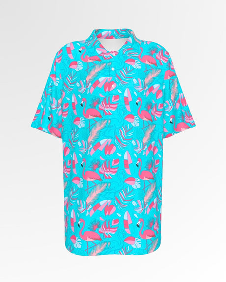 Golf polo shirt in a vibrant turquoise with a flamingo, palm leaf, and surfboard pattern.