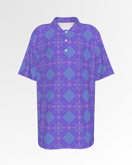 Golf polo shirt in purple with a geometric pattern of teal and pink stars.