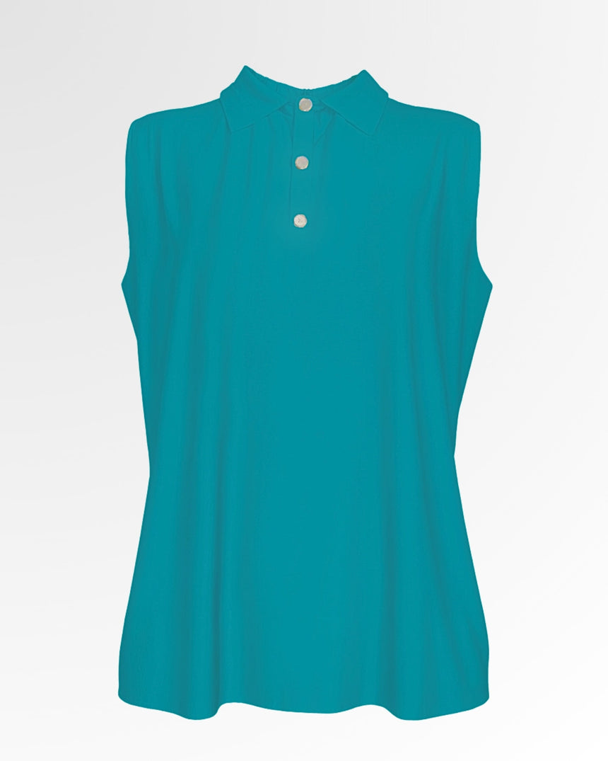 Sleeveless turquoise golf polo shirt with three pearl buttons.
