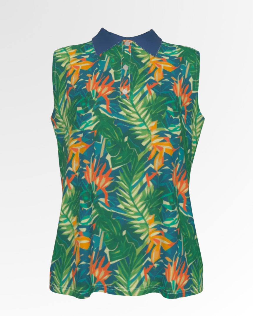 Sleeveless golf polo with a tropical floral print.