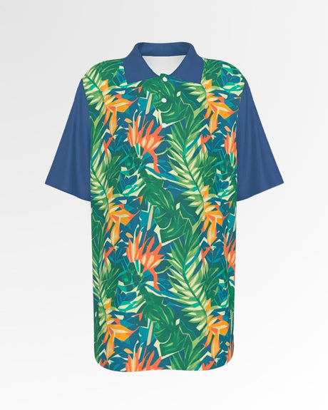 Golf polo shirt with a tropical leaf and flower pattern on the front and blue sleeves and collar.