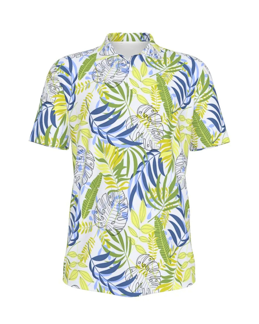 Golf polo shirt with a tropical leaf pattern.