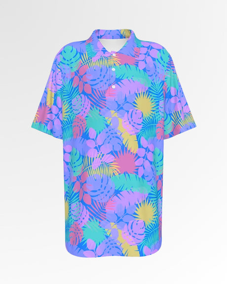 A golf polo shirt with a colorful tropical leaf pattern.