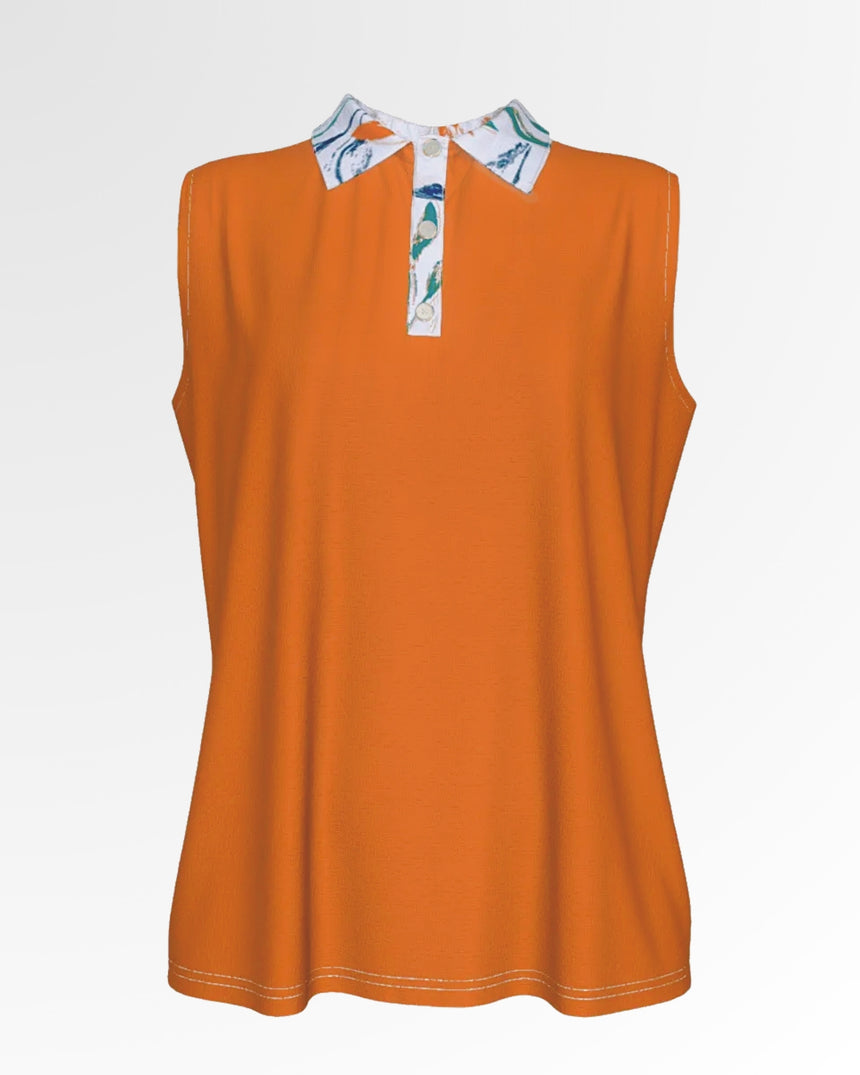 Sleeveless orange golf polo with a patterned collar and placket.