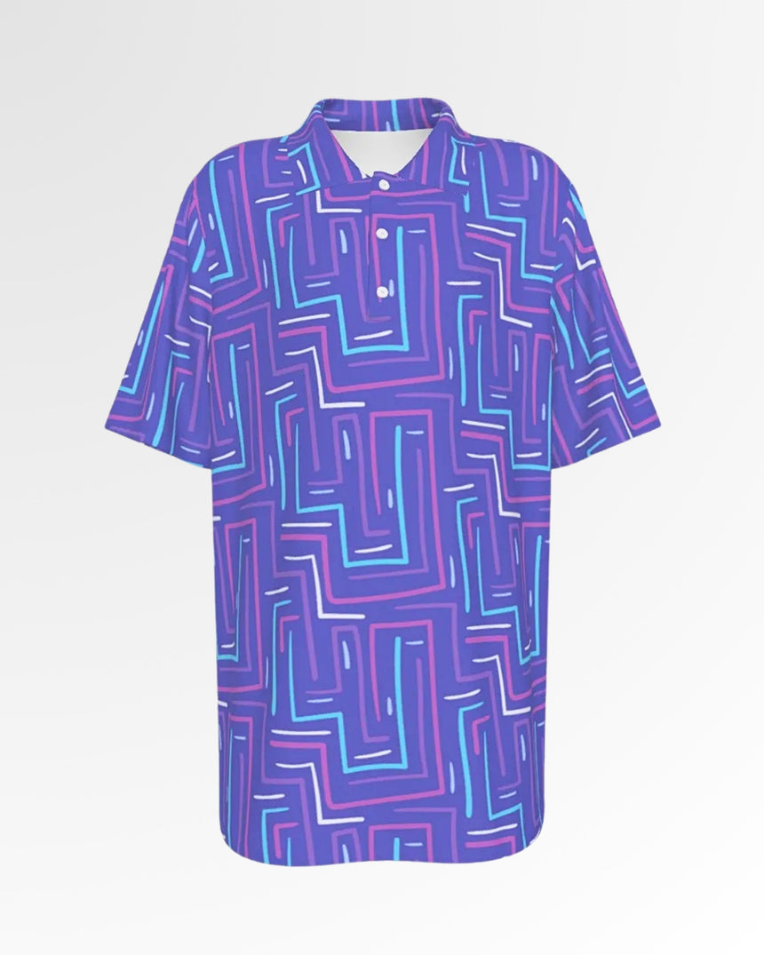 A golf polo with a purple background and a geometric pattern of blue, pink, and white lines.