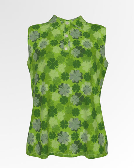 Sleeveless golf polo with an all-over clover print.