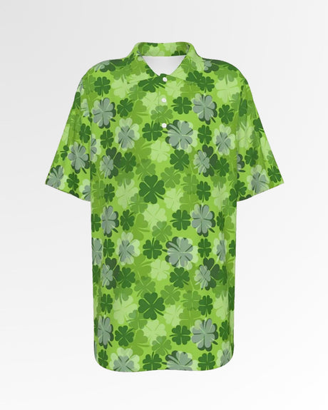 A green golf polo with a clover pattern.