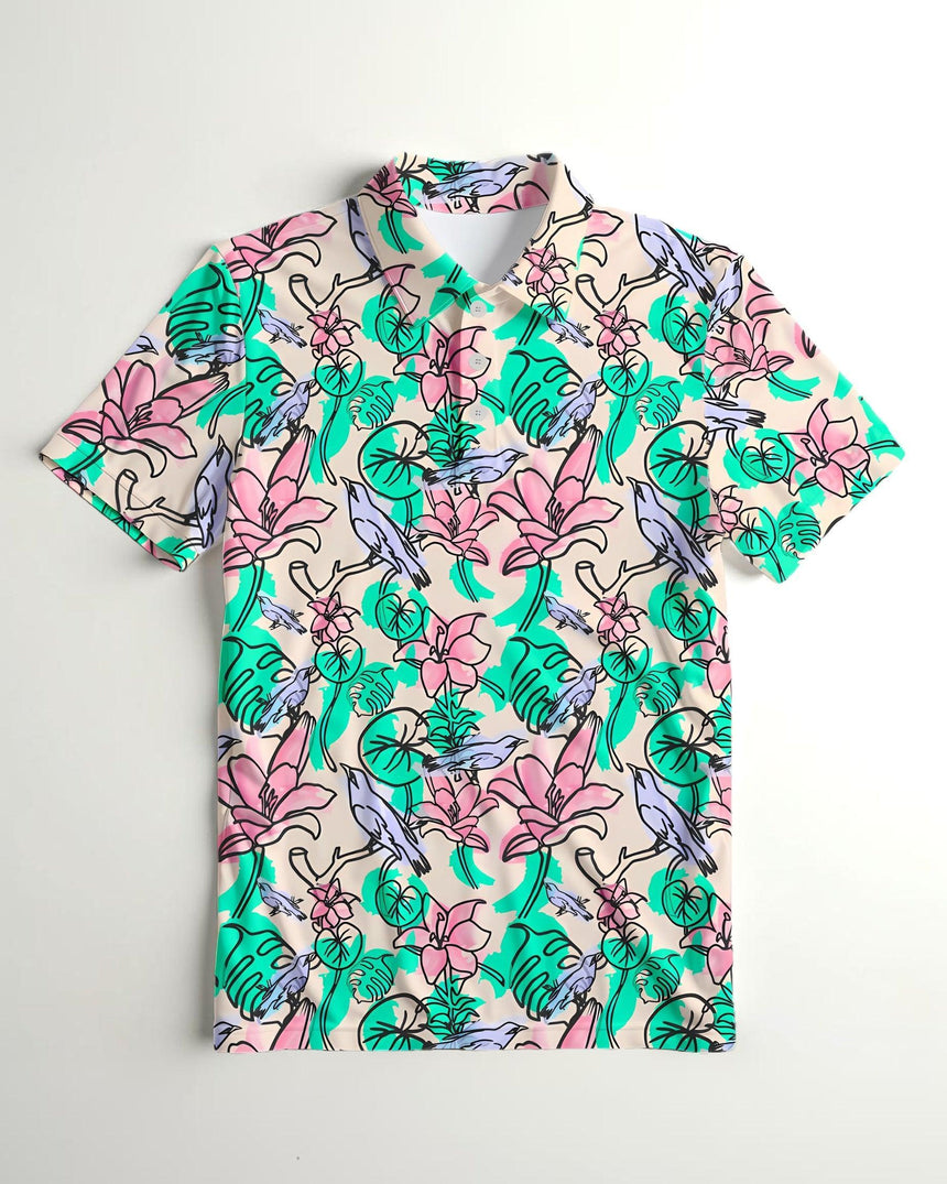 Short-sleeve golf polo shirt with colorful floral and bird pattern on a light background