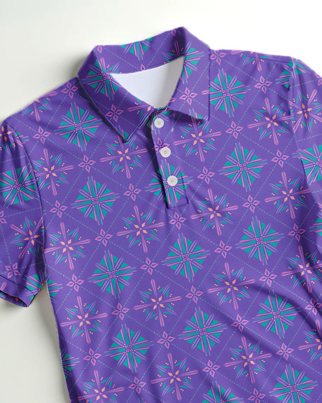 Closeup of a purple and teal pattern golf polo shirt