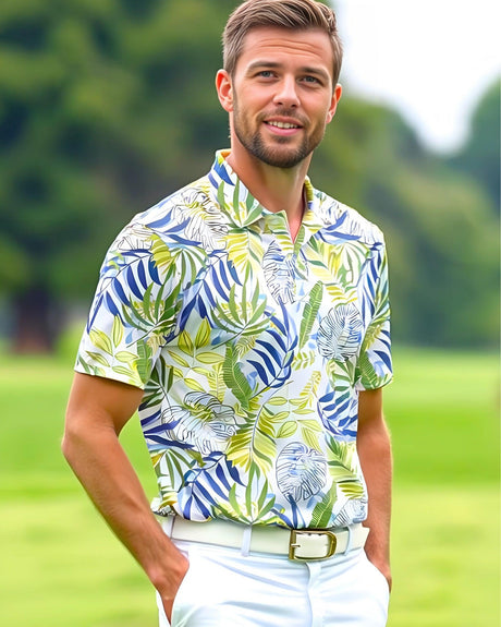A man on a golf course wearing a blue and yellow and green tropical print golf shirt