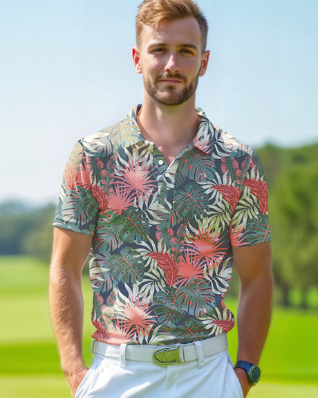 Man wearing a colorful green and pink floral polo shirt on a golf course