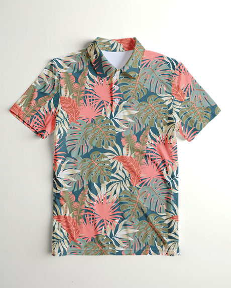 Tropical leaf pattern golf shirt