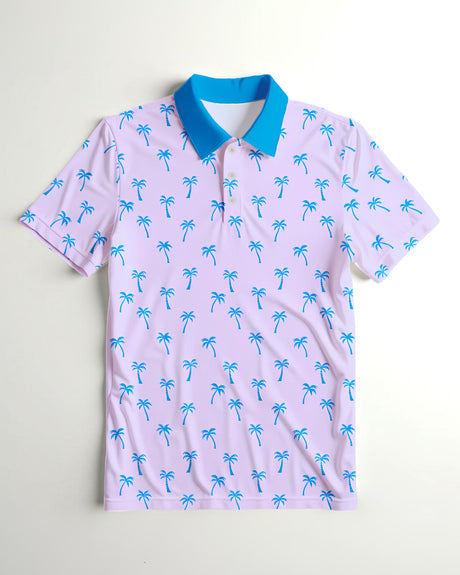 Pink polo shirt with blue palm tree pattern and collar