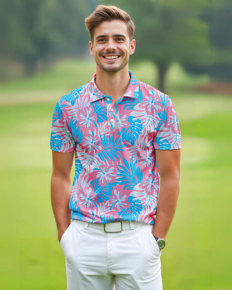 Man wearing a colorful floral golf polo shirt on a golf course