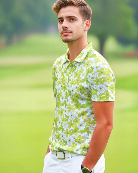 Man wearing a green floral golf shirt on a golf course