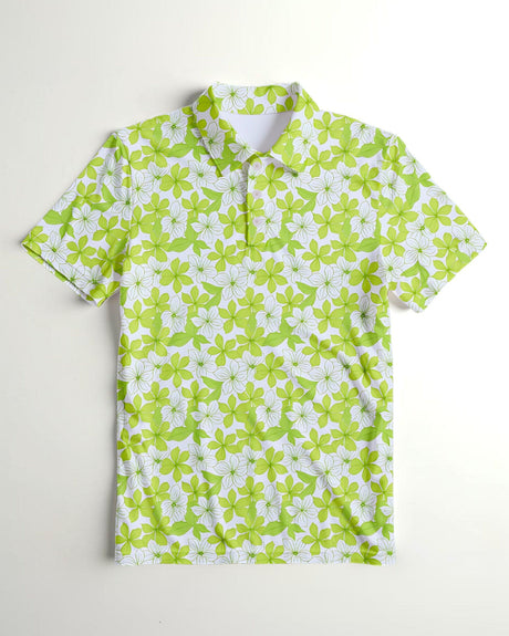 Green and white floral pattern polo shirt