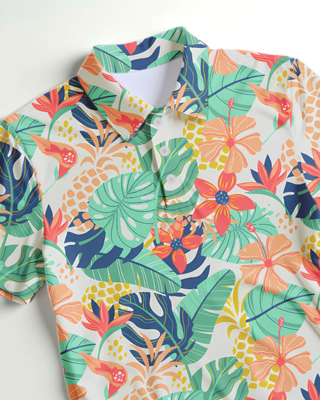 Closeup of a  colorful tropical floral pring golf polo