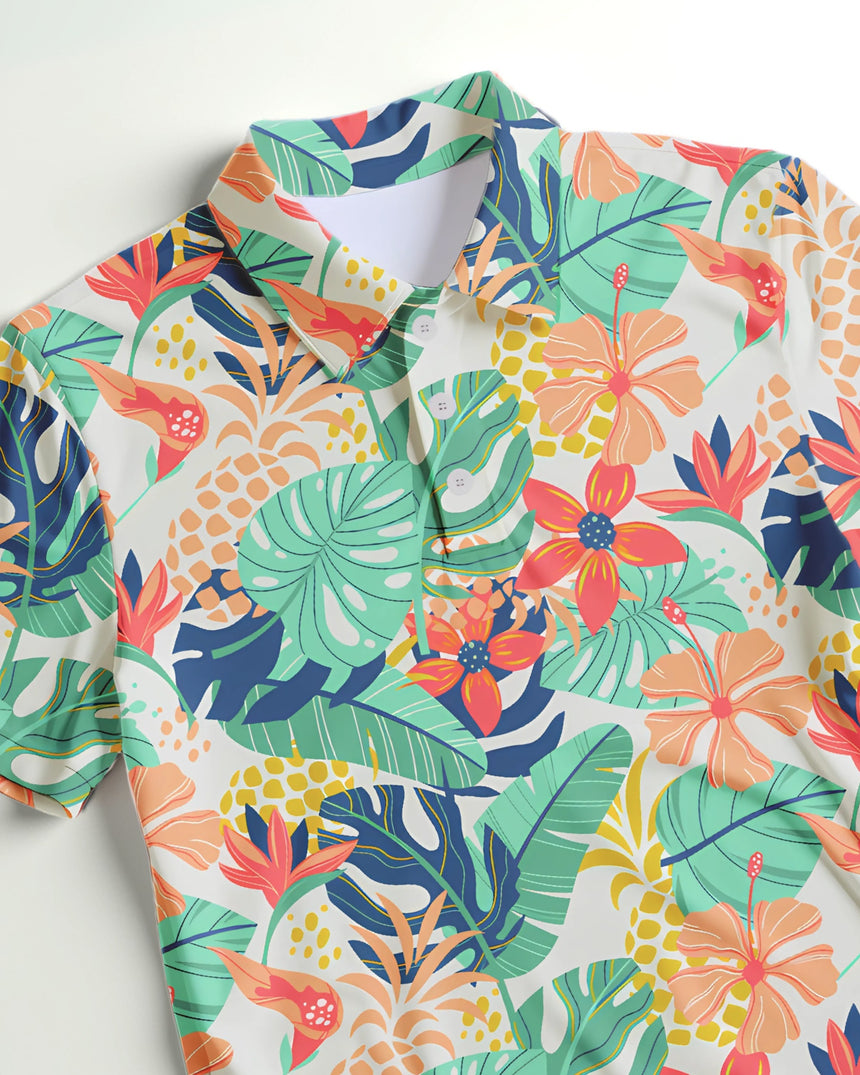 Closeup of a  colorful tropical floral pring golf polo