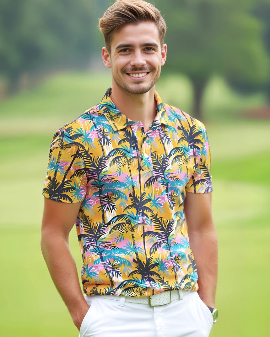 Man wearing a colorful tropical golf shirt on a golf course