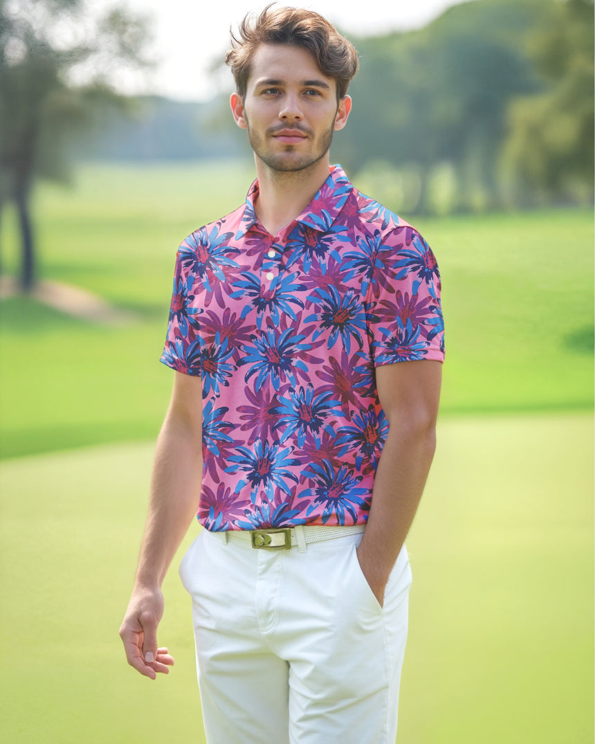 Man wearing a colorful floral golf shirt and white pants on a golf course