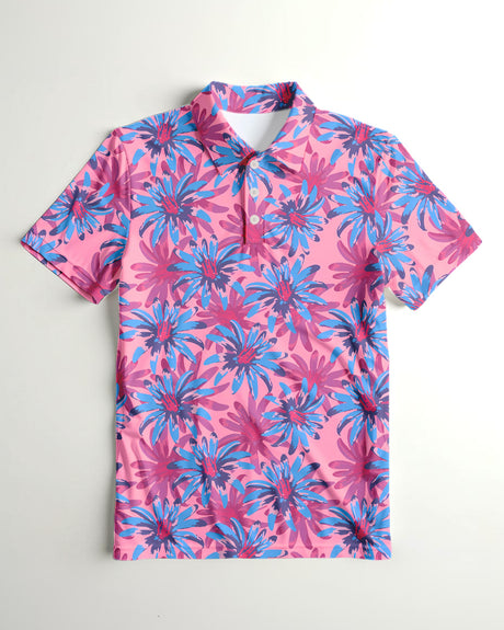 Pink and blue floral patterned golf polo