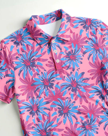 Close up of a pink and blue floral pattern golf polo shirt