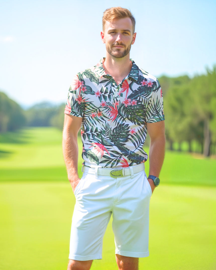 Man wearing a floral golf shirt and white shorts on a golf course