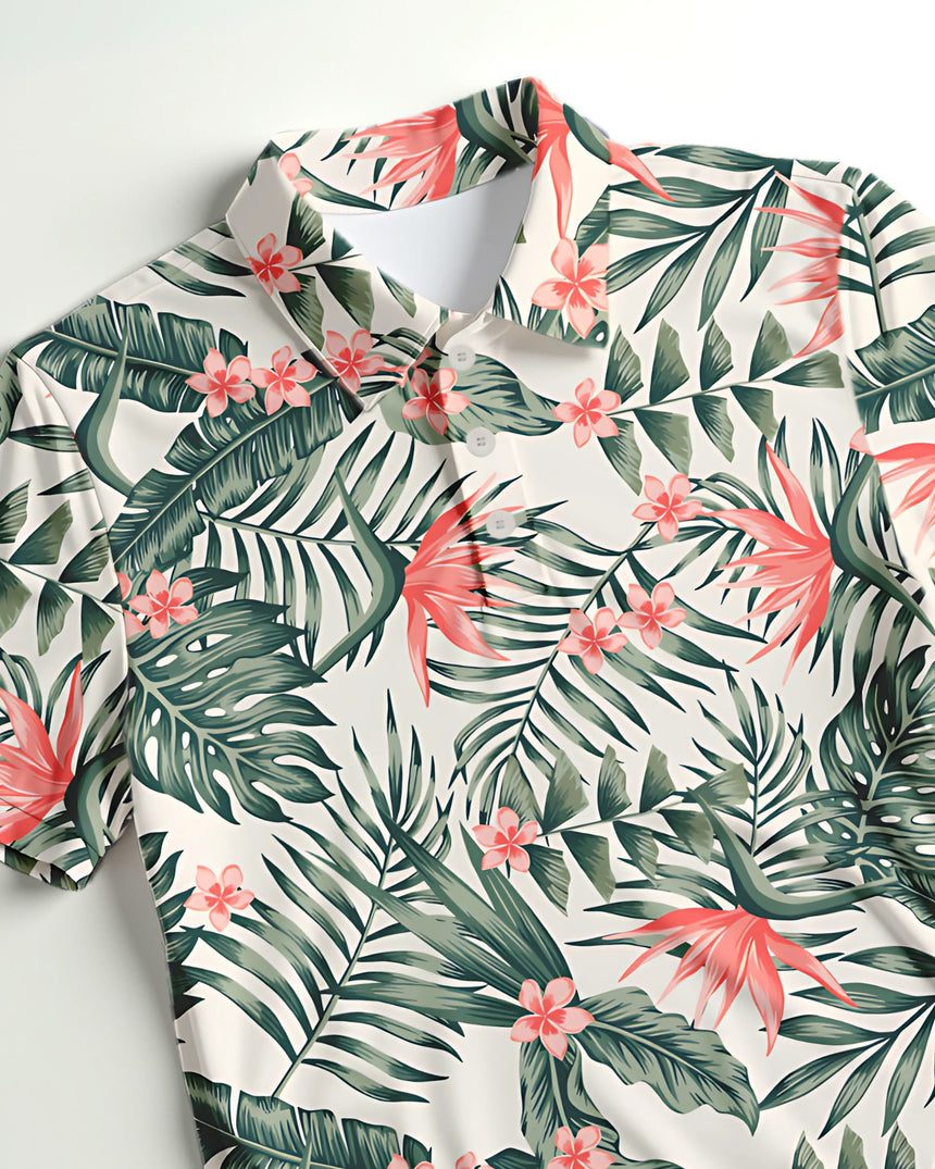 Close-up of a Hawaiian polo shirt with tropical leaf and flower pattern