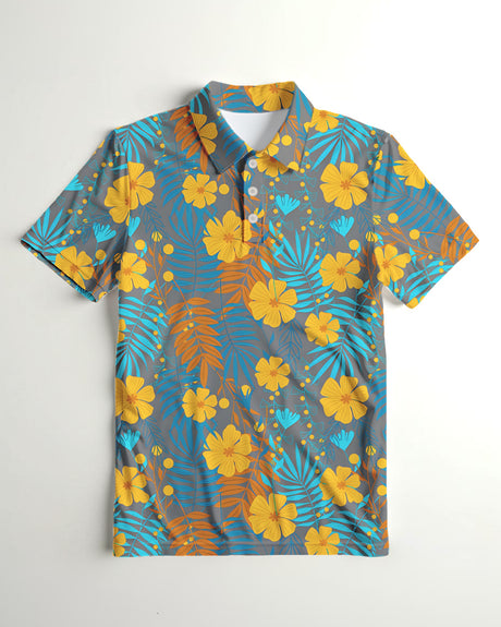 Hawaiian-style polo shirt with yellow flowers and blue leaves on a gray background