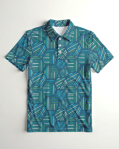 Teal and blue geometric print polo shirt