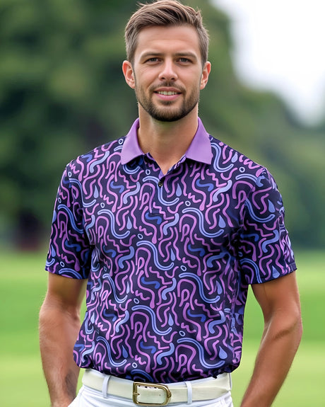 Man wearing a purple patterned polo shirt on a blurred green outdoor background