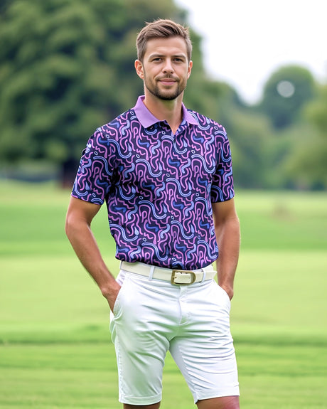 Man wearing a patterned purple shirt and white shorts on a golf course