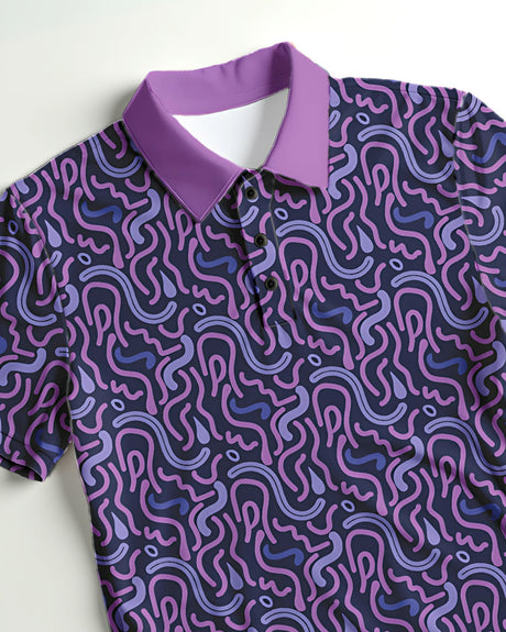 Close up of a purple and blue print polo shirt with a purple collar