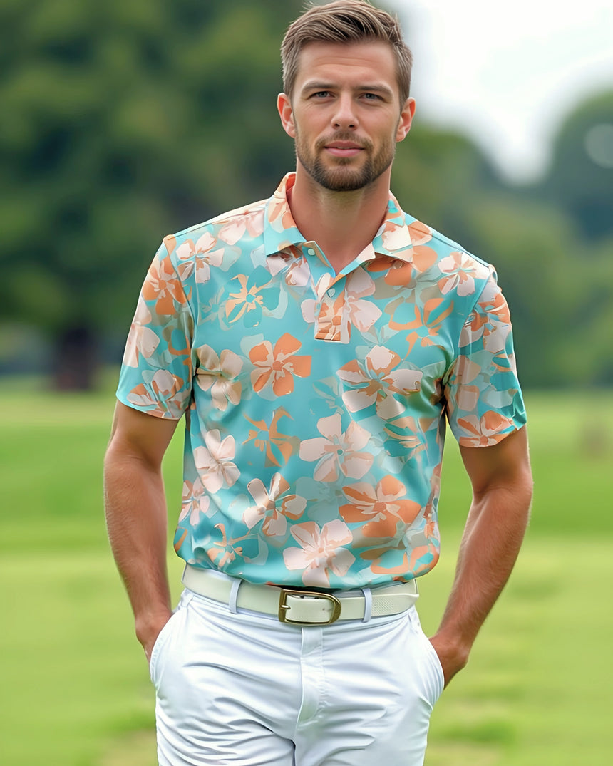 Man wearing a colorful floral polo shirt on a golf course