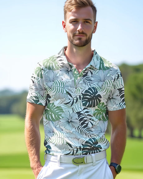 Man wearing a tropical leaf pattern polo shirt on a golf course