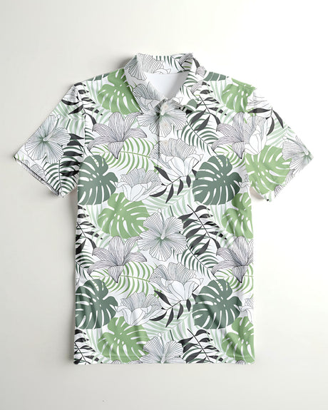 Short-sleeve polo shirt with tropical leaf pattern