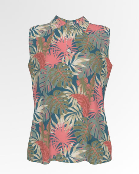 Sleeveless golf polo with a tropical leaf pattern.