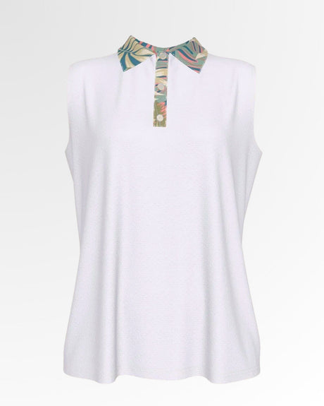 A sleeveless white golf polo with a colorful patterned collar and placket.