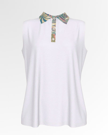 A white, sleeveless golf polo with a colorful patterned collar and placket.