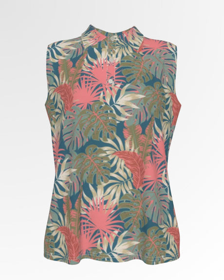 Sleeveless golf polo shirt with a tropical leaf pattern.