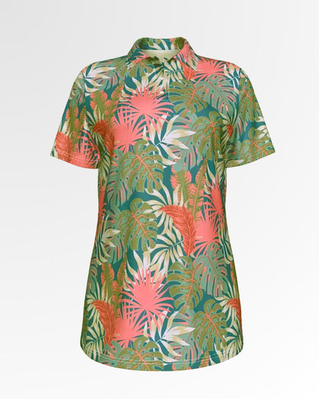A golf polo with a tropical leaf pattern.