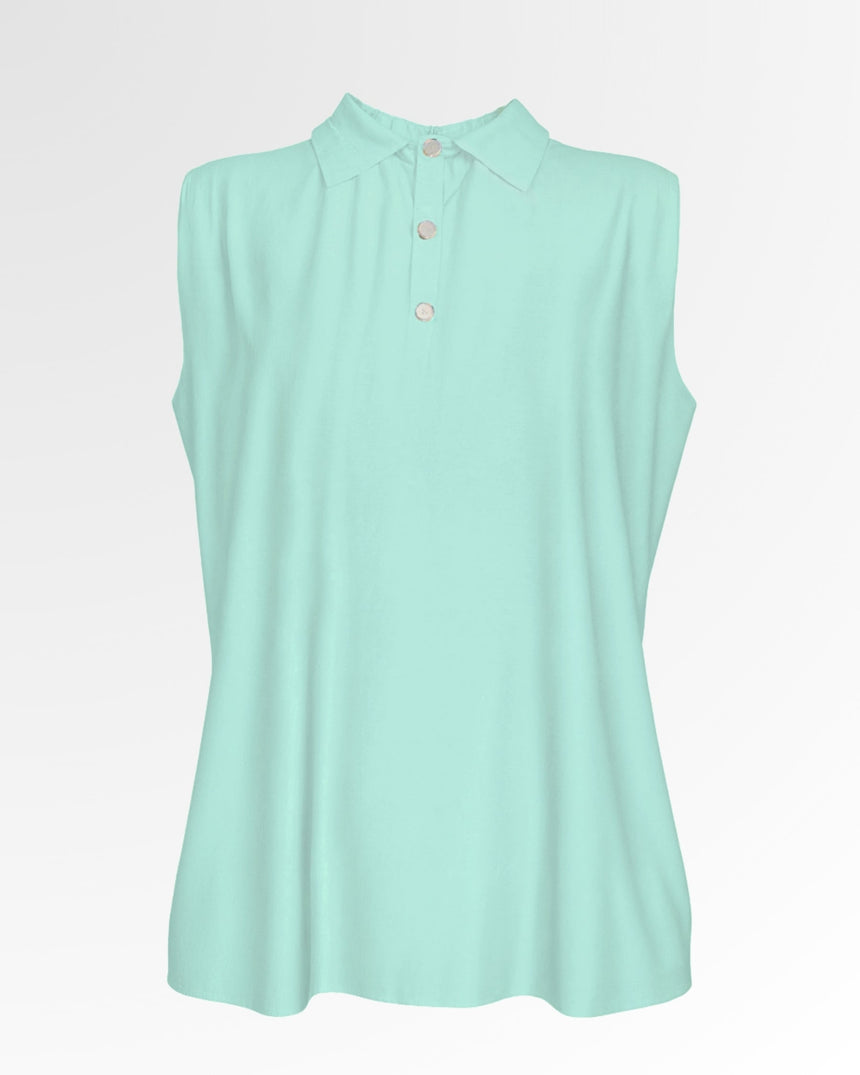 Sleeveless light green golf polo shirt with three buttons.